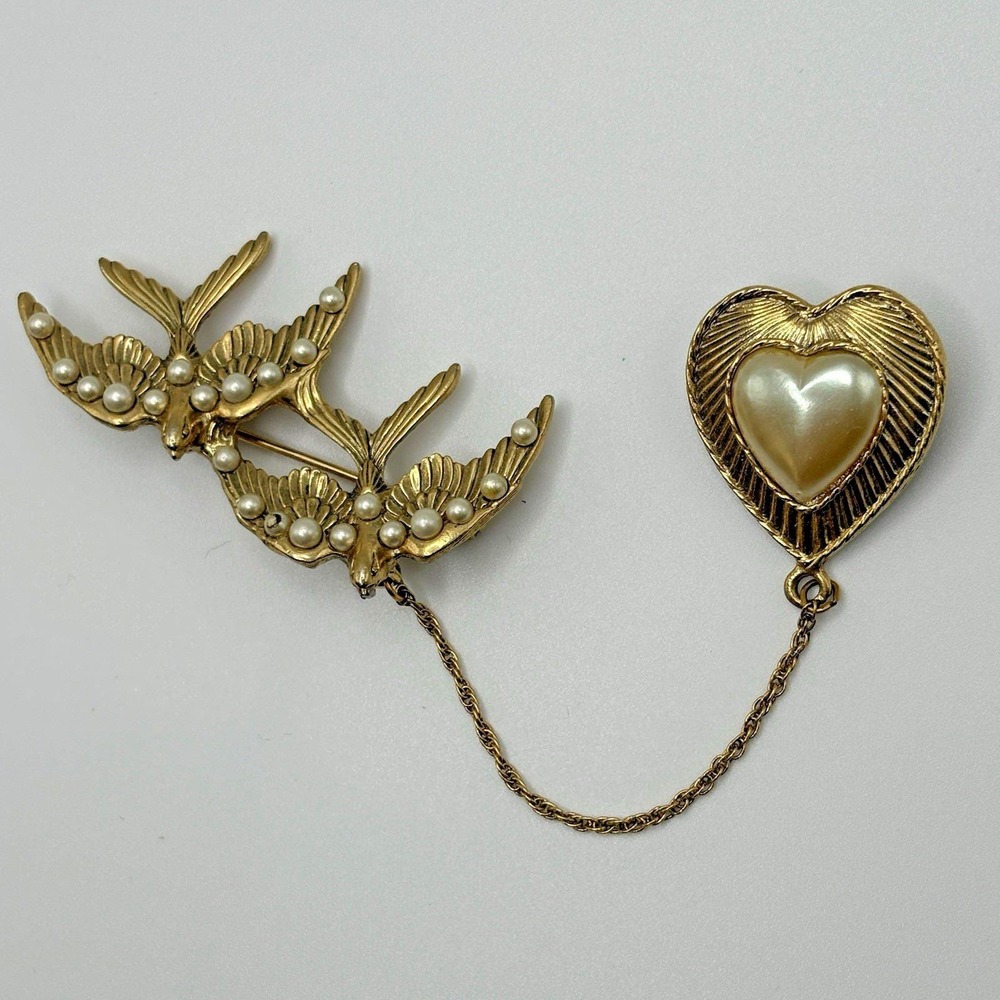 Vintage 1928 Brooch Bird Heart Double Pins Faux Pearls Victorian Revival